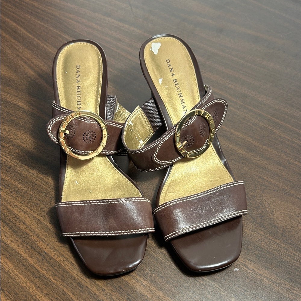Dana Buchman Dark Brown Mules with Gold Accents